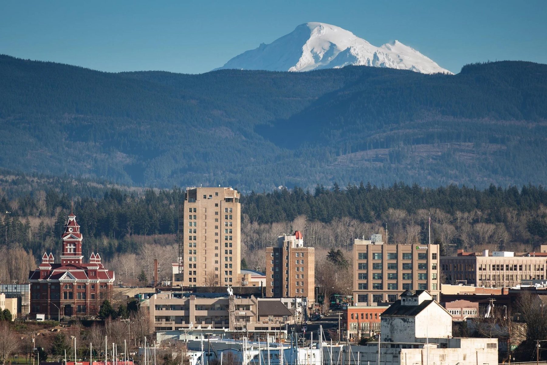 Bellingham skyline with Mount Baker behind