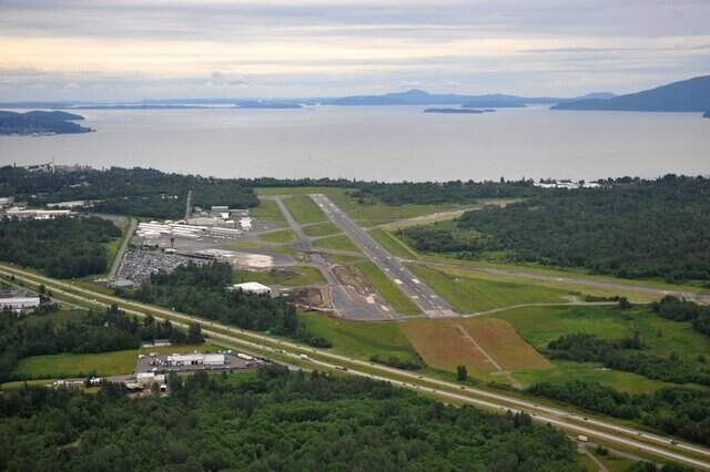 Aerial view of Bellingham International Airport beside I-5